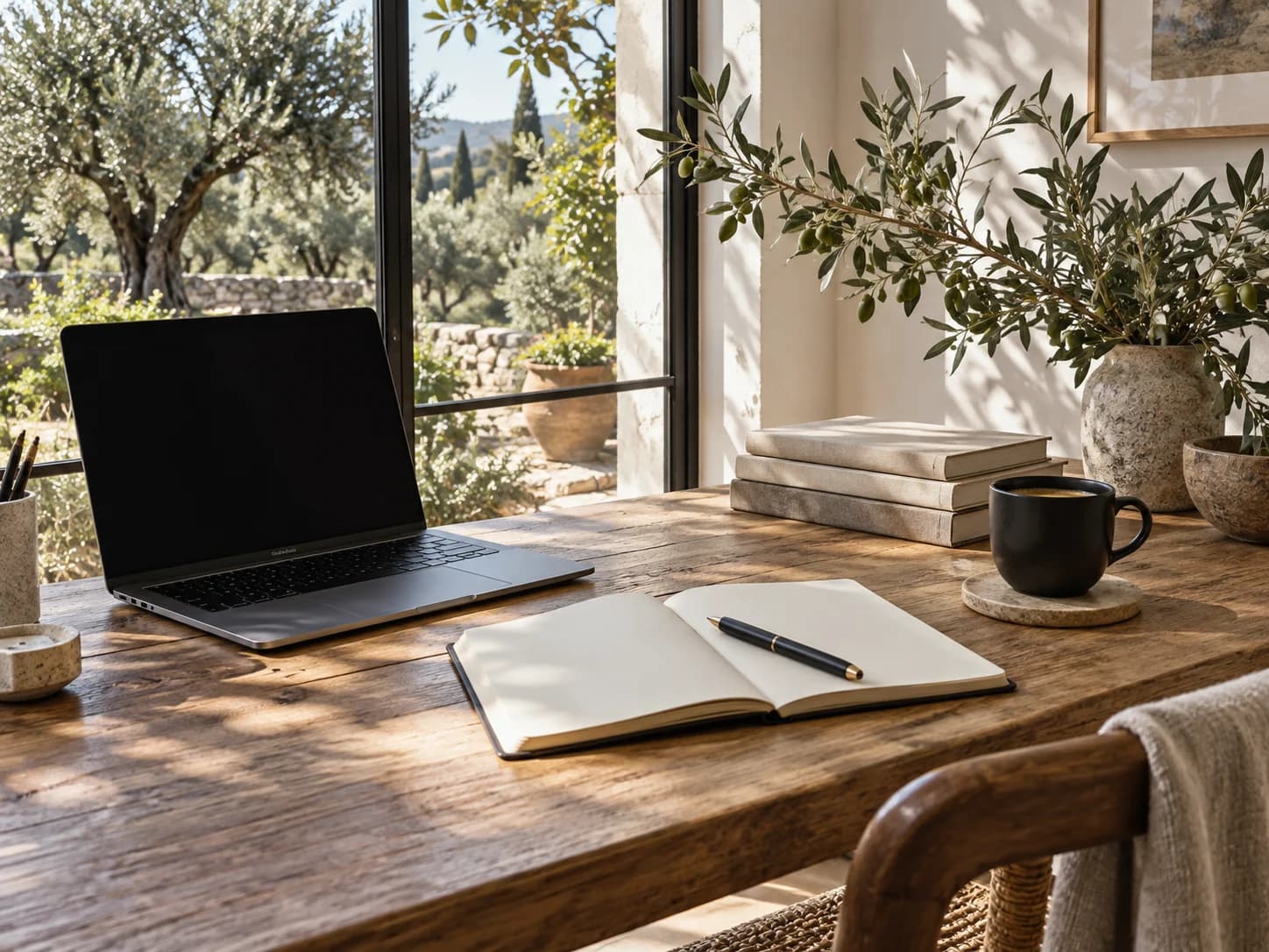 An open notebook at a sunlit desk
